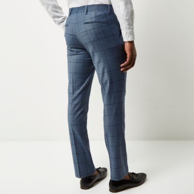 Blue checked slim suit trousers